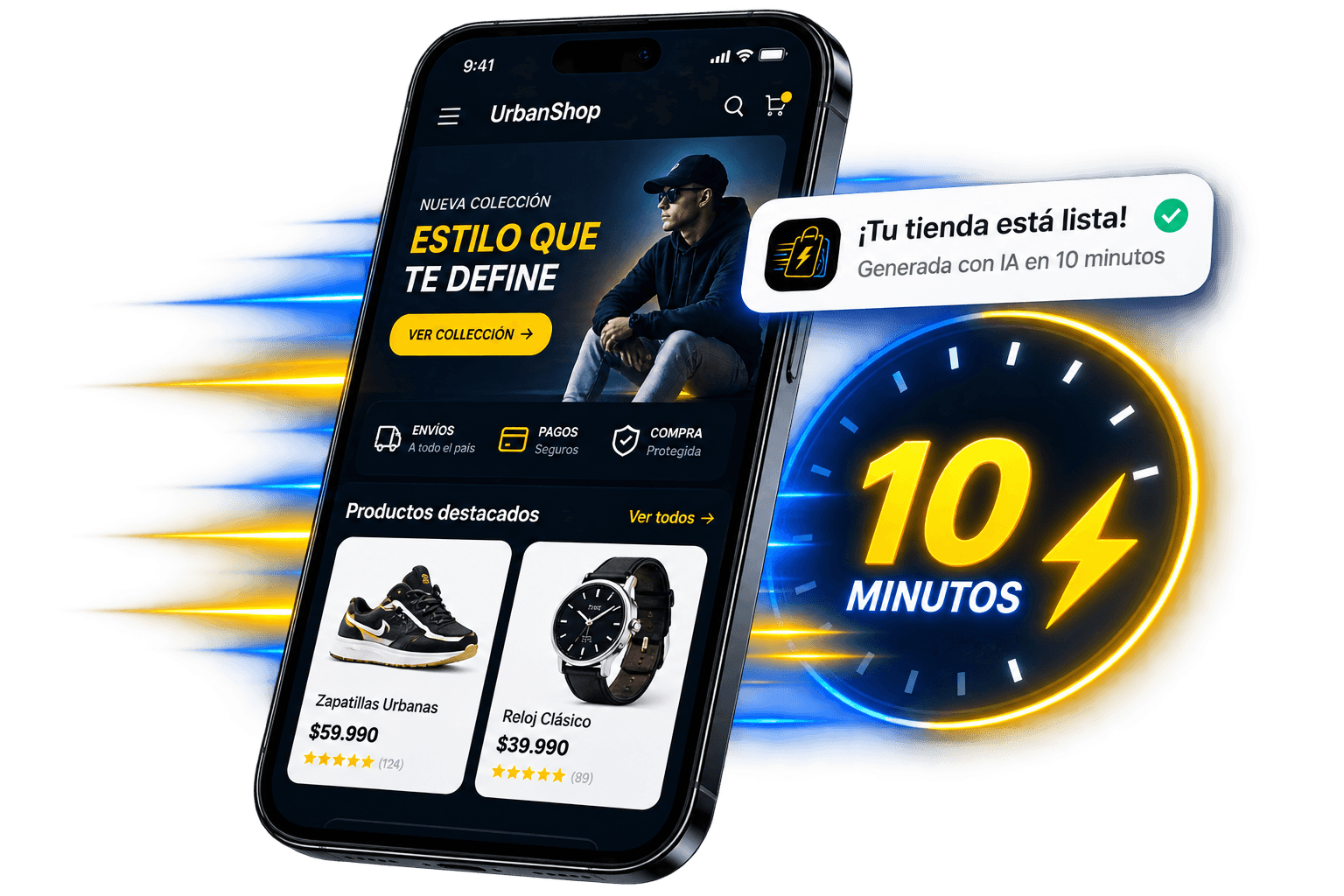 Ejemplo de tienda creada con Rapitiendas: celular con la tienda UrbanShop y un reloj animado marcando 10 minutos
